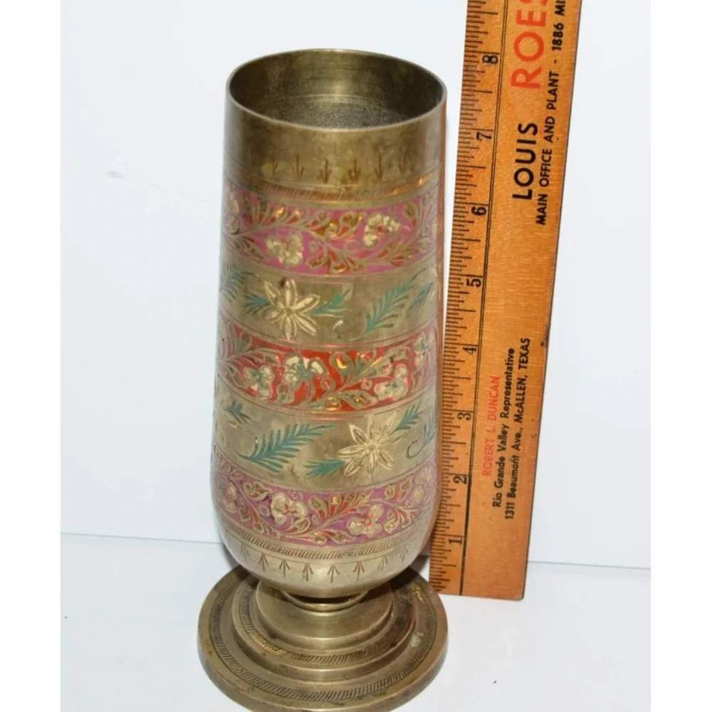 Vtg Brass Colorful Etched Vase Red & Green Footed Made India